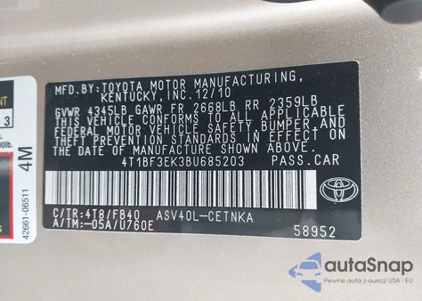 2011 Toyota Camry Le z USA, uszkodzony, nr VIN 4T1BF3EK3BU685203